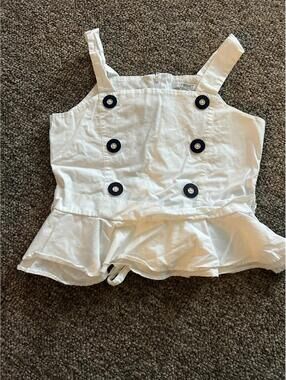 KC Parker White Cotton Peplum Top with Navy Buttons Size 14